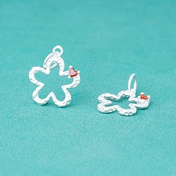 Матовый Серебристый Цвет 925 подвески из стерлингового серебра с оранжево-красными кубическими цирконами, полые цветок прелести, с прыжковых колец, матовый серебристый цвет, 20x17x2 мм, отверстие : 5 мм