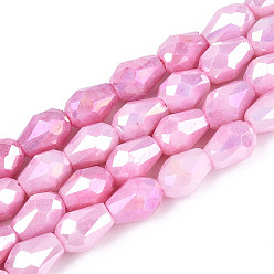 Ярко-Розовый Антикоррозийные гальванические стеклянные бусины, имитация драгоценных камней, слеза, с покрытием AB цвета, граненые, два тона, ярко-розовый, 8~8.5x6 мм, отверстие : 1 мм, около 45~46 шт / нитка, 14.57~14.96'' (37~38 см)