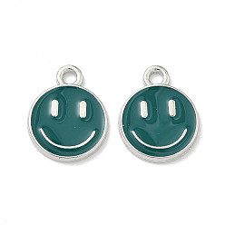 Teal Alloy Enamel Charms, Flat Round with Smiling Face, Platinum, Teal, 14.5x12x1.5mm, Hole: 1.8mm