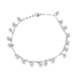 Stainless Steel Color Tarnish Resistant 304 Stainless Steel Charm Anklets, Round, Stainless Steel Color, 9-5/8 inch(24.5cm)