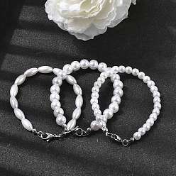 Нержавеющая Сталь Цвет Браслеты из пластиковых жемчужин для женщин, с 304 нержавеющей стали застежки, белые, разнообразные, цвет нержавеющей стали, 7.36~7.44 дюйм (18.7~18.9 см)