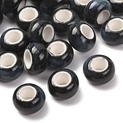 Черный Винтажные фарфоровые бусины ручной работы, бусины с большим отверстием, рондель, фантазии античного стекла фарфора, чёрные, 15.5x9 мм, отверстие : 6.5 мм