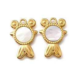 Fish 304 подвески из нержавеющей стали с натуральными белыми ракушками, прелести морских животных, золотые, ионное покрытие (ip), рыба, 26x18x2 мм, отверстие : 2.5 мм