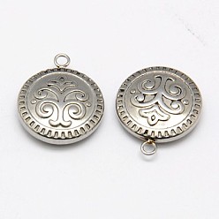 Stainless Steel Color Non-Tarnish 304 Stainless Steel Pendants, Flat Round with Tree, Stainless Steel Color, 21.5x18x5mm, Hole: 2mm