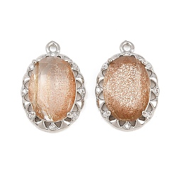 Dark Salmon Brass Glass Pendants, Oval Charms, Faceted, with Glitter Powder, Platinum, Dark Salmon, 20x14x5.5mm, Hole: 1.4mm