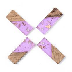 Lilac Transparent Resin & Walnut Wood Pendants, with Gold Foil, Rectangle, Lilac, 23x8.5x3mm, Hole: 2mm