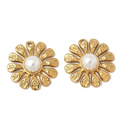 Настоящее золото 18K 304 подвески из нержавеющей стали, цветочный шарм, с ABS имитации жемчуга, ионное покрытие (ip), реальный 18 k позолоченный, 24x6 мм, отверстие : 1.8 мм