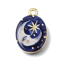 Blue Printed Brass Pendants, Oval with Moon Charms, Golden, Blue, 19x13x4mm, Hole: 1.7mm