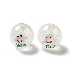 Clear AB Color Transparent Crackle Acrylic Round Beads, Hand Drawn Beads, Halloween Ghost Beads, with Enamel, Clear, 19.5x20.5mm, Hole: 3mm