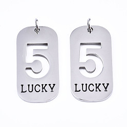 Number Non-Tarnish 201 Stainless Steel Pendants, Laser Cut, with Jump Rings, Rectangle with Number and Word LUCKY, Stainless Steel Color, Num.5, 35x17x1.5mm, Jump Ring: 6x1mm, Inner Diameter: 4mm