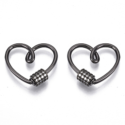 Черный Цвет Металла Латунь микропаве прозрачный кубический цирконий винт карабин брелоки, для изготовления ожерелий, сердце, без никеля , металлический черный , 23x24.5x3.5 мм, Винт: 6x7 мм