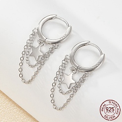 Platinum Rhodium Plated 925 Sterling Silver Star & Chains Tassel Dangle Hoop Earrings for Women, Platinum, 29x12mm
