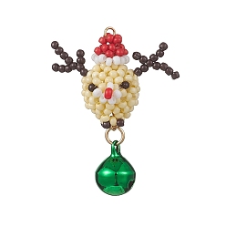 Разноцветный Рождественские подвески из стеклянного бисера в виде оленей, с латунным колокольчиком и 304 открытыми соединительными кольцами из нержавеющей стали, красочный, 41x28x17 мм, отверстие : 2 мм