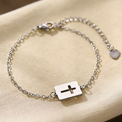 Couleur Acier Inoxydable Religion 201 bracelets rectangulaires en acier inoxydable avec maillons en croix creux, couleur inox, 6.50 pouce (16.5 cm)