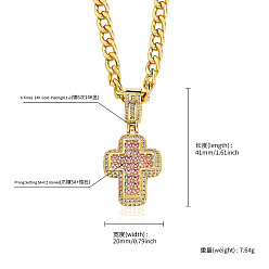 Золотой Женские ожерелья с подвеской-крестом из розового кубического циркония с микропаве из латуни и витой цепочкой, золотые, 19.69 дюйм (50 см), Кулон : 41x20 мм