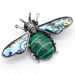 Malachite Natural Moss Agate Brooches, with Shell and Rhinestone, Insect, 36x60mm