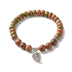 Unakite Bracelet extensible reiki perles de bois naturel unakite & wengé, bracelet à breloques en alliage de feuille pour fille femme, diamètre intérieur: 2-1/8 pouce (5.3 cm)