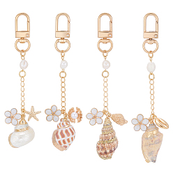 Золотой 4 шт. подвесные украшения из сплава натуральных ракушек и цветов, с поворотными застежками сплава, золотые, 109~123 мм