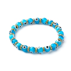 Темно-Голубой Стрейч-браслеты ручной работы с дурным глазом лэмпворк из бусин, с плоскими круглыми бусинами из латуни со стразами, глубокое синее небо, внутренний диаметр: 2-1/2 дюйм (6.3 см)