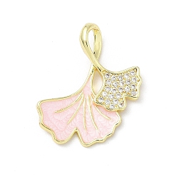 Pink Латунь микропаве фианиты с подвесками из эмали, гингко лист, реальный 18 k позолоченный, розовые, 25x23.5x2.5 мм, отверстие : 3.3x5.8 мм