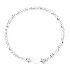 Серебро Браслеты из круглых бусин с гальваническим покрытием из немагнитного синтетического гематита, Женские украшения в виде латунных звезд и пресноводных ракушек в форме луны, серебряные, бусина : 3.5 mm, внутренний диаметр: 2-1/8 дюйм (5.4 см)