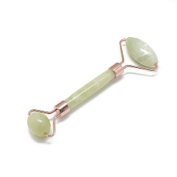 Jade Natural Jade Massage Tools, Facial Rollers, with Brass Findings, Rose Gold, Rose Gold, 13.5~15.3x4~6x2~2.05cm