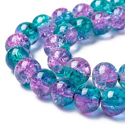 Dark Cyan Spray Painted Crackle Glass Beads Strands, Round, Two Tone, Dark Cyan, 8mm, Hole: 1.3~1.6mm, about 100pcs/strand, 31.4 inch