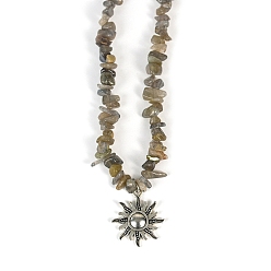 Labradorite Natural Labradorite  Necklaces, with Alloy Charms, Sun, 14.57 inch(37cm)