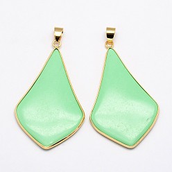 Pale Green Rhombus Real Gold Plating Brass Glass Pendants, Pale Green, 50x29x4mm, Hole: 5x3mm