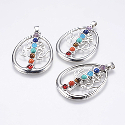 Platinum Alloy Pendants, with Mixed Gemstone Beads, Teardrop with Tree, Platinum, 49x34.5x6mm, Hole: 3.5x6mm