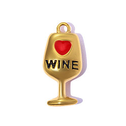 Красный 304 нержавеющей стальной эмали подвески, Бокал для вина с узором в виде сердечек и подвесками в виде слов «вино»., ионное покрытие (ip), зеркальная полировка, реальный 18 k позолоченный, красные, 18x8 мм, отверстие : 1.5 мм