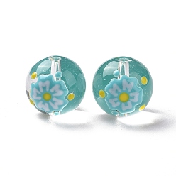 Flower Transparent Glass Beads, with Enamel, Round, Sky Blue, Flower Pattern, 14~15x13~13.5mm, Hole: 1.5~1.6mm