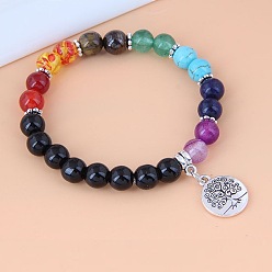 Colorful 8MM Round Chakra Natural & Synthetic Mixed Stone Beaded Stretch Bracelets, Bohemian Zinc Alloy Tree of Life Charm Bracelets, Platinum, Colorful, Inner Diameter: 2.17 inch(5.5cm)