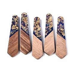 Темно-Синий Подвески из непрозрачной смолы и орехового дерева, подвески для галстука, с блестящей пудрой и золотой фольгой, темно-синий, 48.5~49x12x3~3.5 мм, отверстие : 2 мм