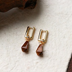 Tiger Eye Natural Tiger Eye Teardrop Dangle Earrings, Alloy Hoop Earrings, Golden, 31.5mm