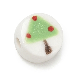 Green Handmade Porcelain Beads, Flat Round with Tree, Hand Painted, Green, 11x11.5x6~6.5mm, Hole: 2.5mm