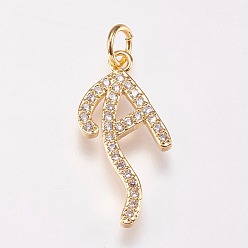 Letter A Brass Micro Pave Cubic Zirconia Letter Pendants, Golden, Letter.A, 9x21x2mm, Hole: 3mm
