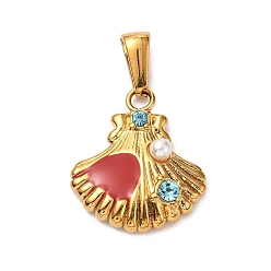 Золотой 304 из нержавеющей стали горный хрусталь подвески, формы раковины, Эмаль стиле, с пластиковыми бусинами из искусственного жемчуга, золотые, 20x18x5 мм, отверстие : 7x3 мм