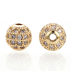 Golden Rack Plating Brass Cubic Zirconia Beads, Long-Lasting Plated, Round, Golden, 8x7mm, Hole: 2mm