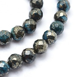 Deep Sky Blue Dyed Natural Pyrite Beads Strands, Faceted, Round, Deep Sky Blue, 8mm, Hole: 1mm, about 50pcs/strand, 15.7 inch(40cm)