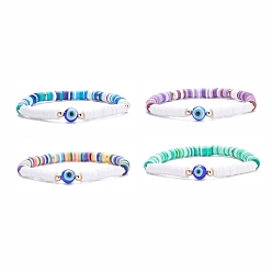 Бирюза 4 Набор эластичных браслетов Heishi Surfer ручной работы из полимерной глины, лэмпворк злой глаз круглый браслет из бисера опрятный женский, бирюзовые, внутренний диаметр: 2-1/4 дюйм (5.6 см)