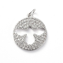 Platinum Brass Micro Pave Cubic Zirconia Pendants, with Jump Rings, Flat Round with Bird, Clear, Platinum, 18x16x2mm, Hole: 3.4mm