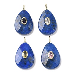 Ляпис-Лазурь Крашеные природные лазурит подвески, Подвески-капли в форме огранённых капель с латунной микропаве из кубических цирконий случайных цветов, золотые, 31.5x18x7~7.5 мм, отверстие : 2.5x3.5 мм