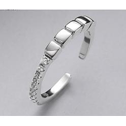 Platinum Anti-Tarnish Rhodium Plated 925 Sterling Silver Rectangle Open Cuff Ring with Crystal Rhinestone, Platinum, Inner Diameter: 16mm