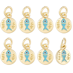 Настоящее золото 18K 8шт. плоская круглая подставка с покрытием из латуни и эмалью, украшенная подвесками в виде рыбок, с целью перехода в кольце, долговечный, без свинца и без кадмия, реальный 18 k позолоченный, 10.5x8x2 мм, отверстие : 3 мм