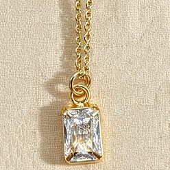 Rectangle Brass Pave Clear Cubic Zirconia Geometric Pendant Necklaces, Golden, Rectangle, 17.72 inch(45cm), Pendant: 11x6mm