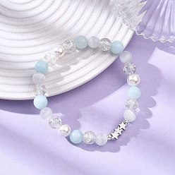 Платина Женские браслеты из бусин из стекла, ракушек, натурального и окрашенного белого нефрита, с латунными звездчатыми бусинами, платина, бусина : 8 mm, внутренний диаметр: 2-1/8 дюйм (5.4 см)