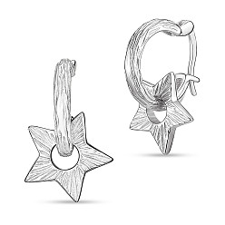 Platinum Rhodium Plated 925 Sterling Silver Hoop Earrings, Star, Platinum, 21mm