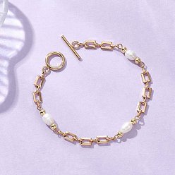 Золотой Браслеты из латунных цепей для женщин, с бисером пресноводного жемчуга, с Переключить застежками, золотые, 7.76 дюйм (19.7 см)