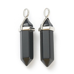 Obsidian Natural Obsidian Pendants, with Platinum Tone Brass Findings, Bullet, 39.5x12x11.5mm, Hole: 4.5x2.8mm